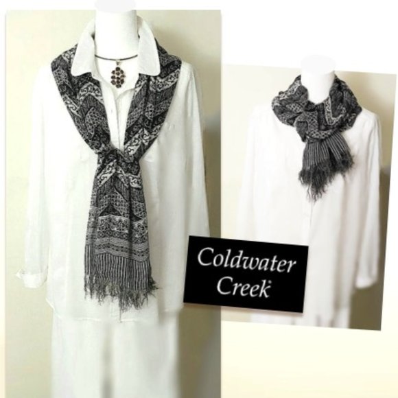 COLDWATER CREEK 100% Pure Silk Rect. Scarf Black White Grey Geo Floral Unisex - Picture 2 of 12